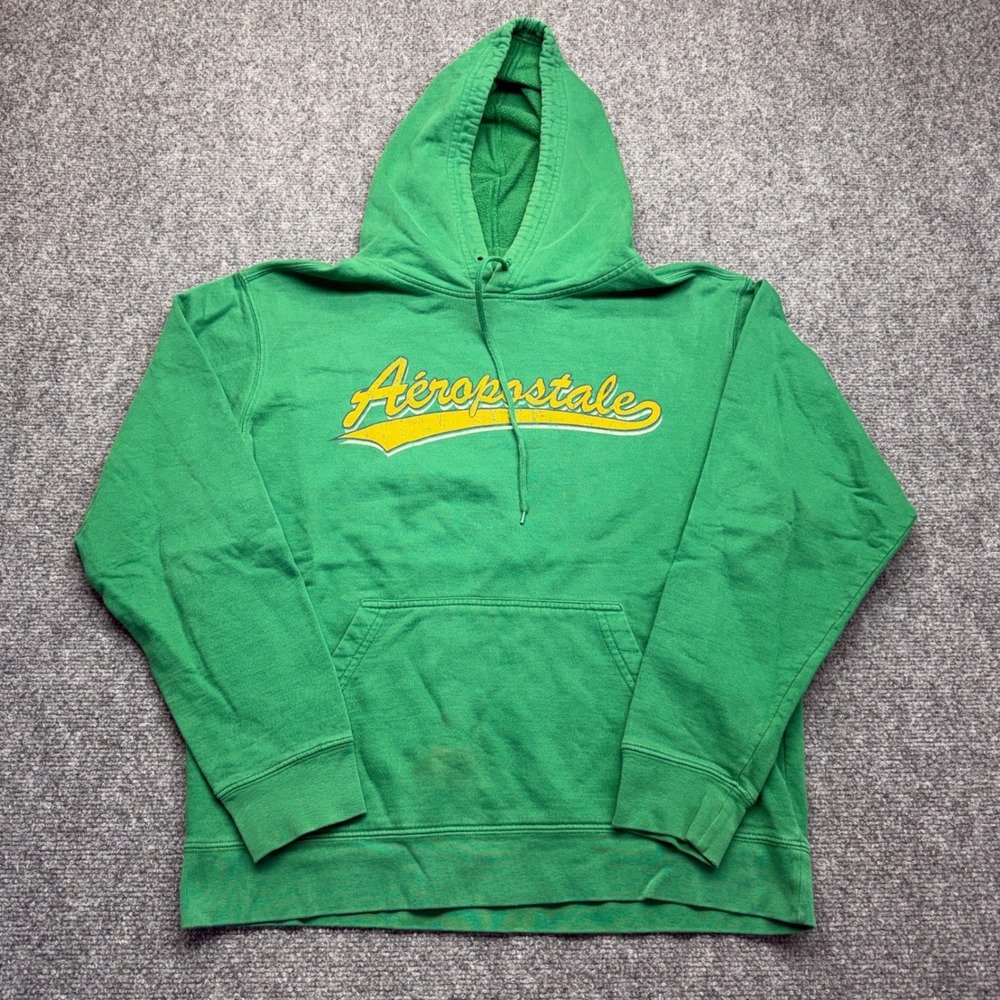Y2K Vtg Aeropostale Mens Green Graphic Hoodie Sweatshirt Script Logo 28 M